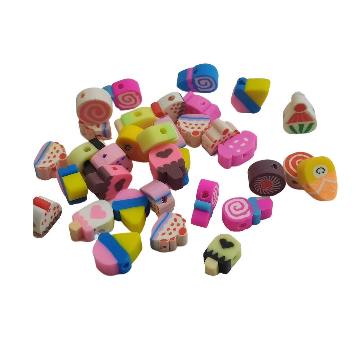 Polymer Clay Beads 8 to 12 MM (25 PCs, Assorted) Hole:1.6 MM Food Cake Candy Cream Multicolor For Jewellery Making Kids DIY Arts Crafts [ac-bds-00126-m6]