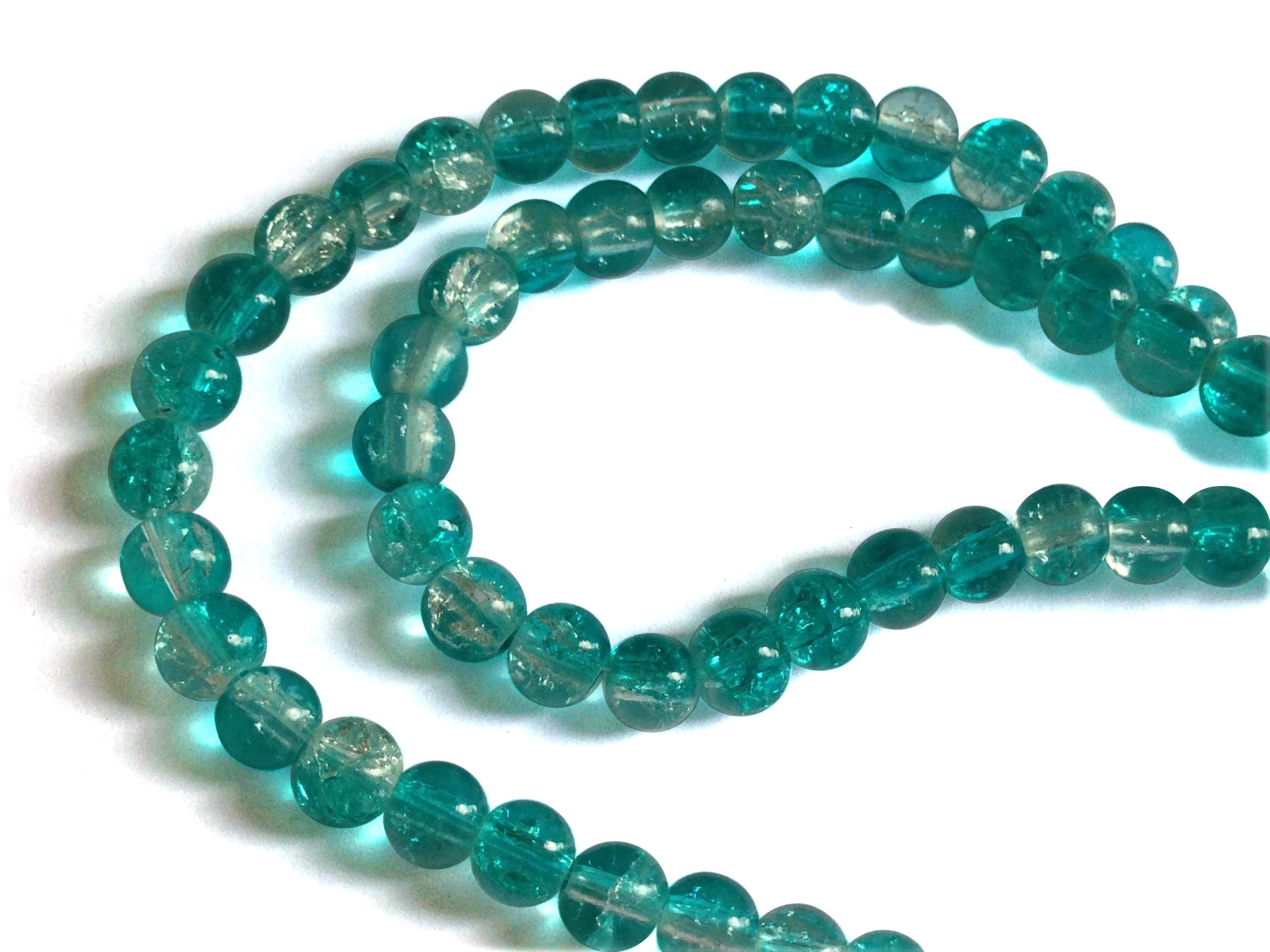 Crackle Glass Beads 6 MM Round Hole Size:1.3 MM Cyan Blue Transparent (1 String, 125 Beads/String) [ac-bds-00033-m22]