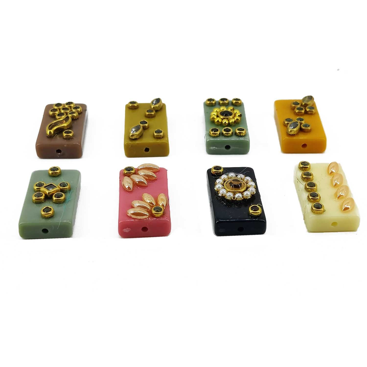 Kundan Stone Beads (8 Pieces) Set Of 4 Random Designs Assorted Colors Rectangle 24x13x5 MM Hole 1.5 MM [ac-bds-00082-m1]