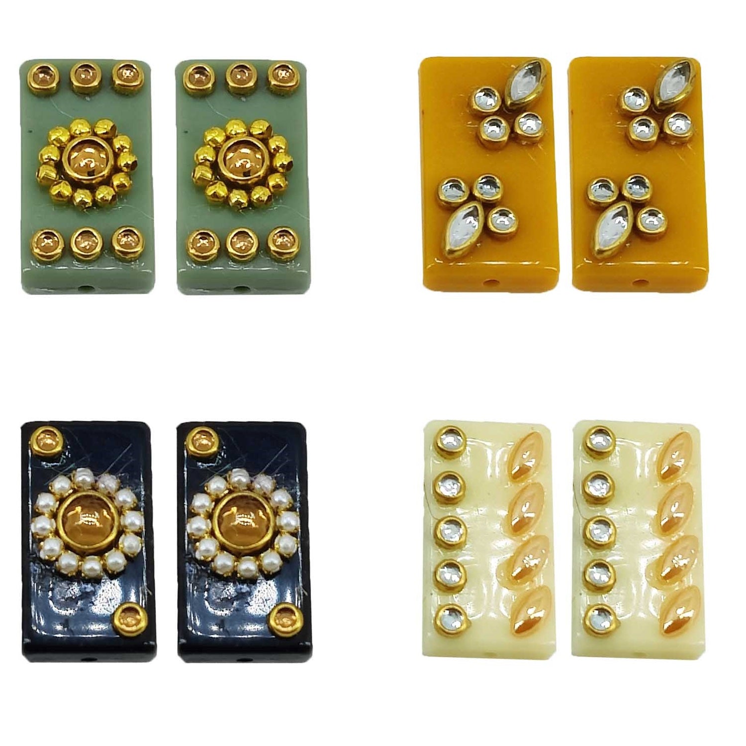 Kundan Stone Beads (8 Pieces) Set Of 4 Random Designs Assorted Colors Rectangle 24x13x5 MM Hole 1.5 MM [ac-bds-00082-m1]