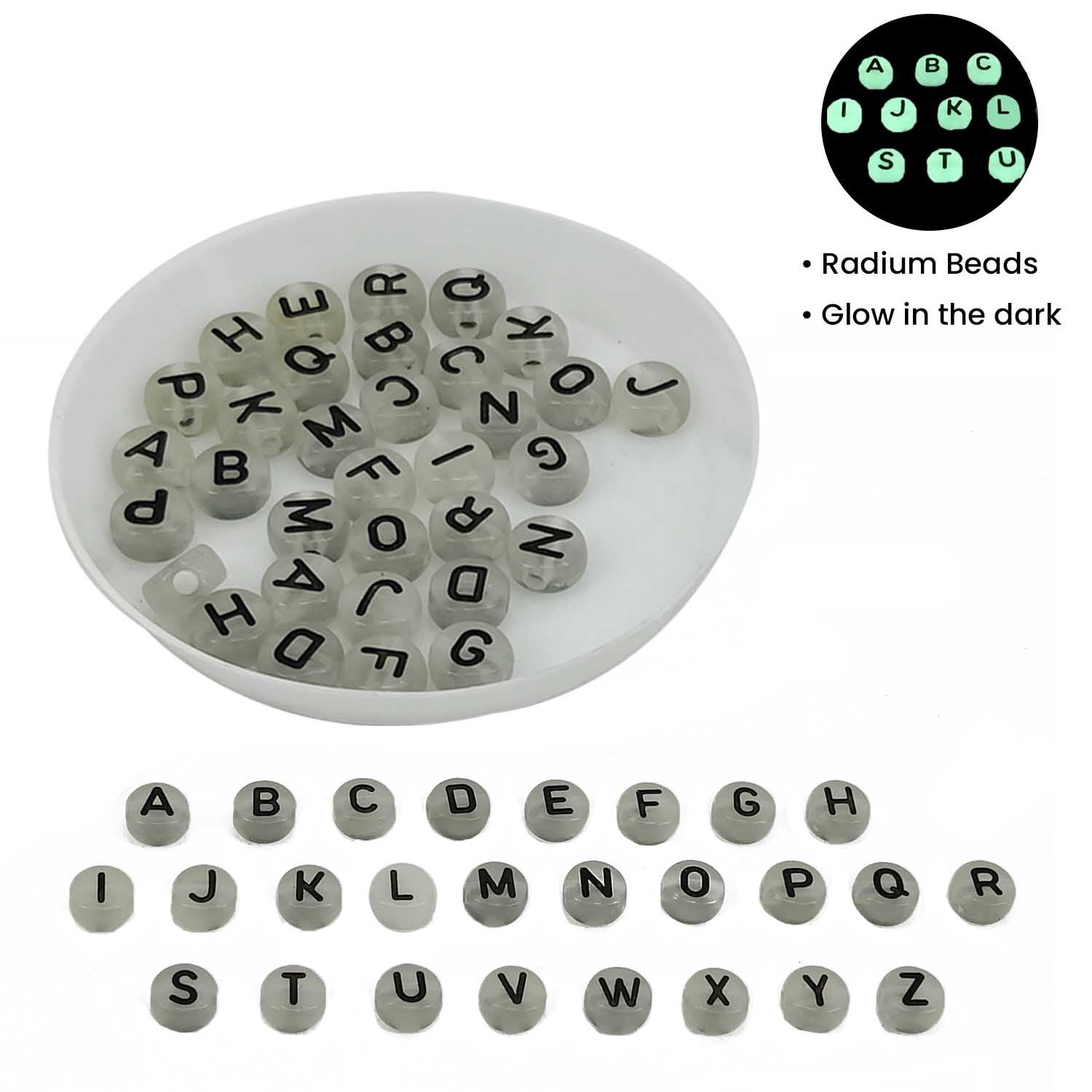 Acrylic Letter Alphabet Beads 7x4 MM Glow In The Dark Hole Size 1.5 MM Flat Round For Jewellery Making DIY Crafts Keychains Decoration [ac-bds-00083]