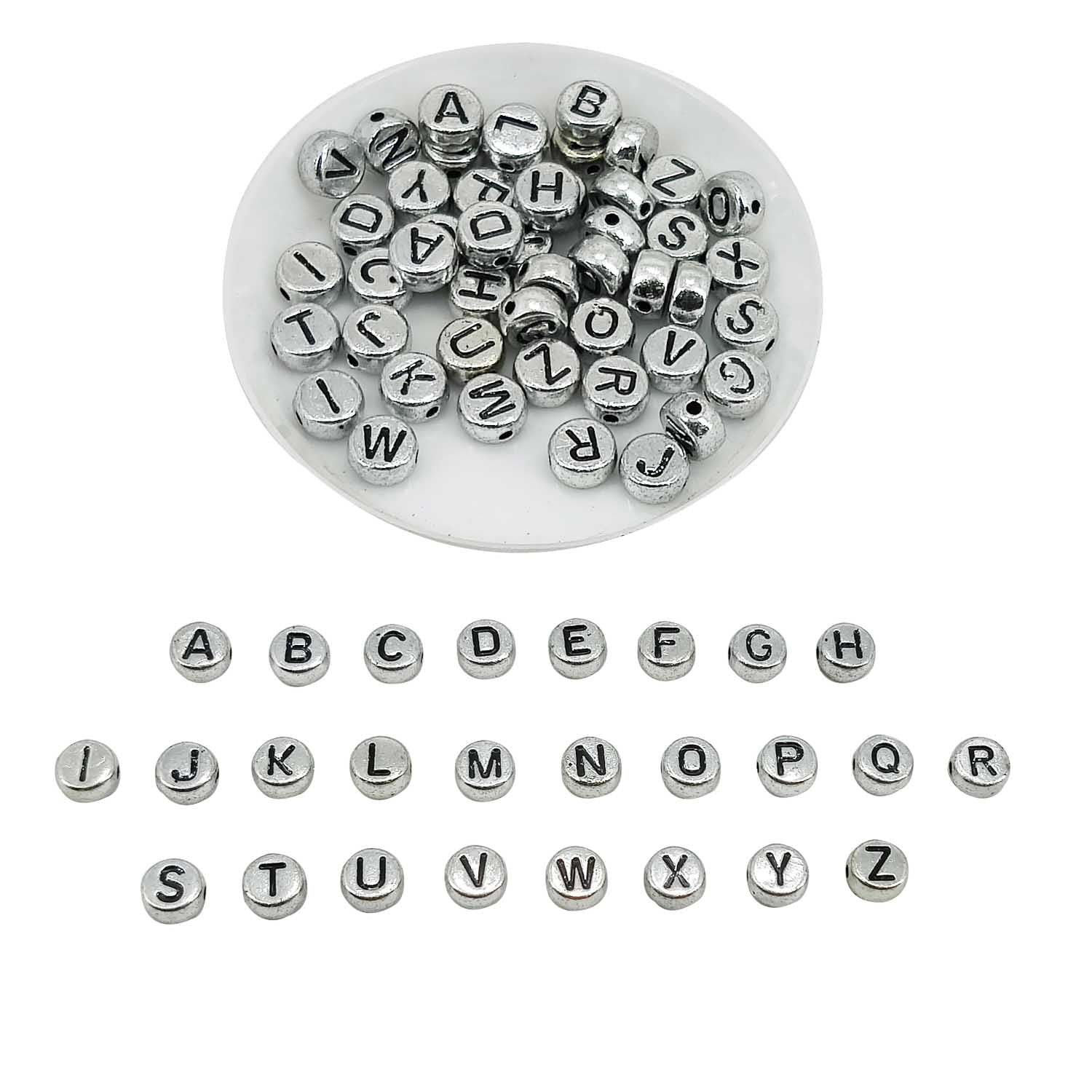 Metallic Acrylic Letter Alphabet Beads 7x3.5 MM Silver Color Hole Size 1 MM Flat Round For Jewellery Making DIY Crafts Keychains Decoration [ac-bds-00085]